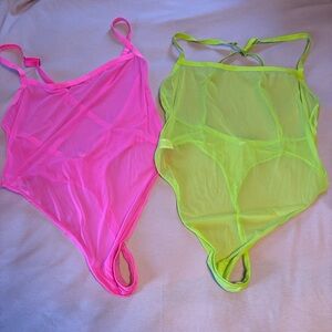 2 XL Aerie Smoothez sheer Mesh Neon Bodysuit lime green, hot pink